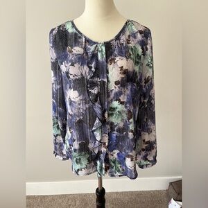 Women’s size large Milano blouse blue green purple button down ruffle